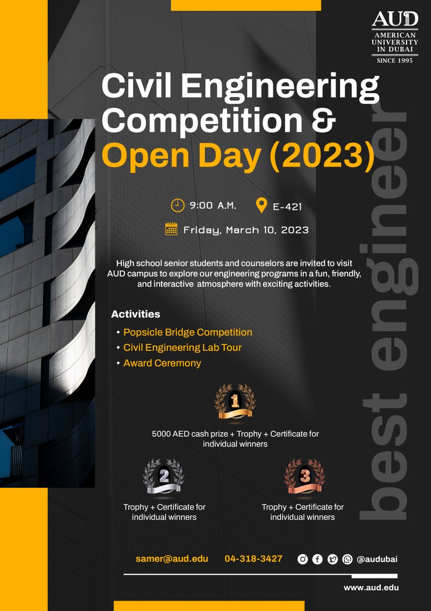 AUDengineering's tweet photo. EVENT INVITATION!
 
@AUDubai
 
Civil Engineering Department

Cordially invites you to attend

Civil Engineering Competition and Open Day 2023
 
Friday | March 10, 2023 | 9:00 A.M. | E-421

#competition #openday #popsiclebridge #labtour #civilengineering https://t.co/jXabVwbRB6
