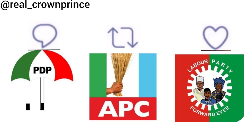 CrownprinceCom2's tweet photo. 1DaysToGo!
Among the following Top Political parties in the fort coming Election.Who is having your VOTE?

Labour Party
APC
PDP

Finland/Dayo/My President/#gtbank/RCCG/Enugu/Wizkid/IPOB/Rivers State/Dangote/Option B #QuestionsForDatti
#NationalShutdown Federal Republic Of Nigeria https://t.co/96wNQX6zwx