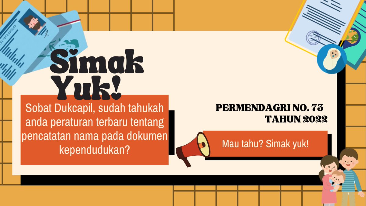 dukcapil_jateng's tweet photo. Halo Sobat Dukcapil, sudah tahu belum peraturan terbaru tentang Pencatatan Nama pada Dokumen Kependudukan? https://t.co/BcDw6G2aCC