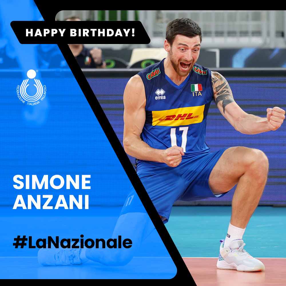 Federvolley's tweet photo. #CompleanniAzzurri 🎂 🇮🇹
🎁 Tanti auguri Simo, campione del mondo! 🥳 

#LaNazionale #HappyBday #24febbraio | @simoanza17  @Coninews https://t.co/FVmZxn2luH