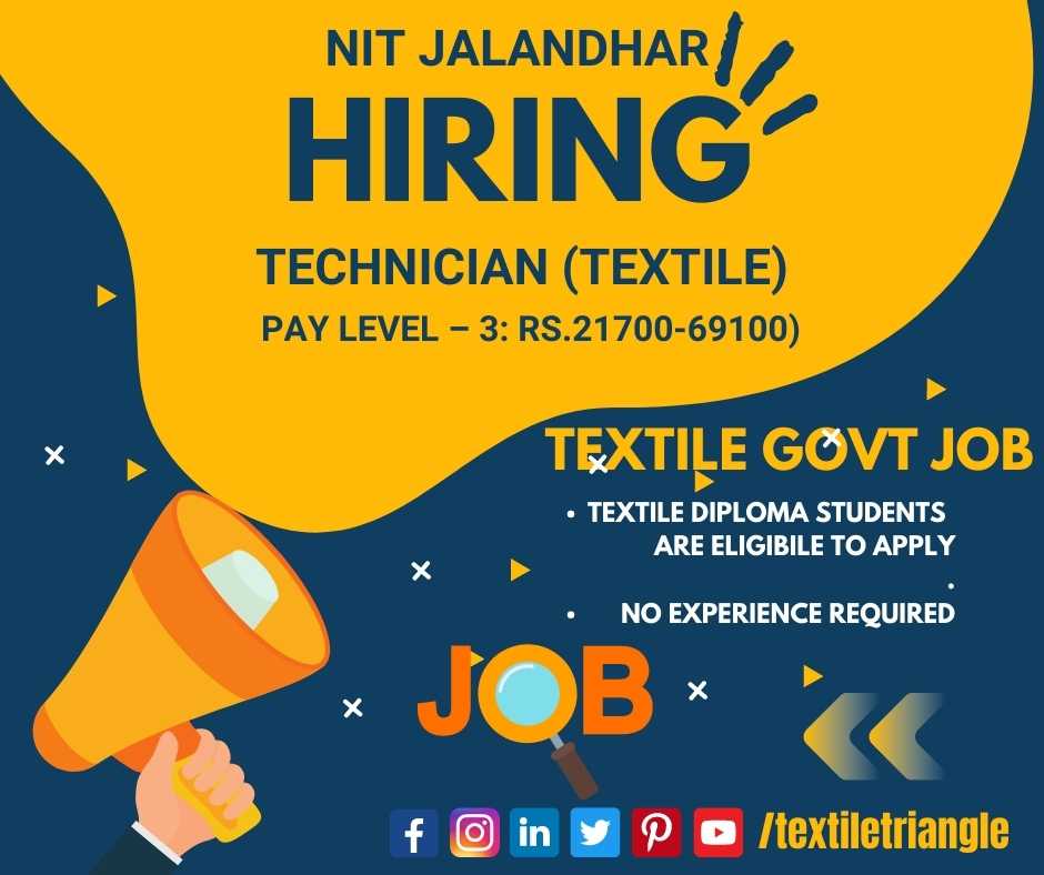 TextileTriangle's tweet photo. NIT Jalandhar hiring Technician (Textile) for permanent job role. Diploma as well as ITI holders are eligible.

Read More about this Job: https://t.co/bOQUIv3khL
#textiletriangle #textilejobs #jobalert #hiring #applynow #career #textile #job #nit #nitj #nitjalandhar #technician https://t.co/N6kQUucxFV