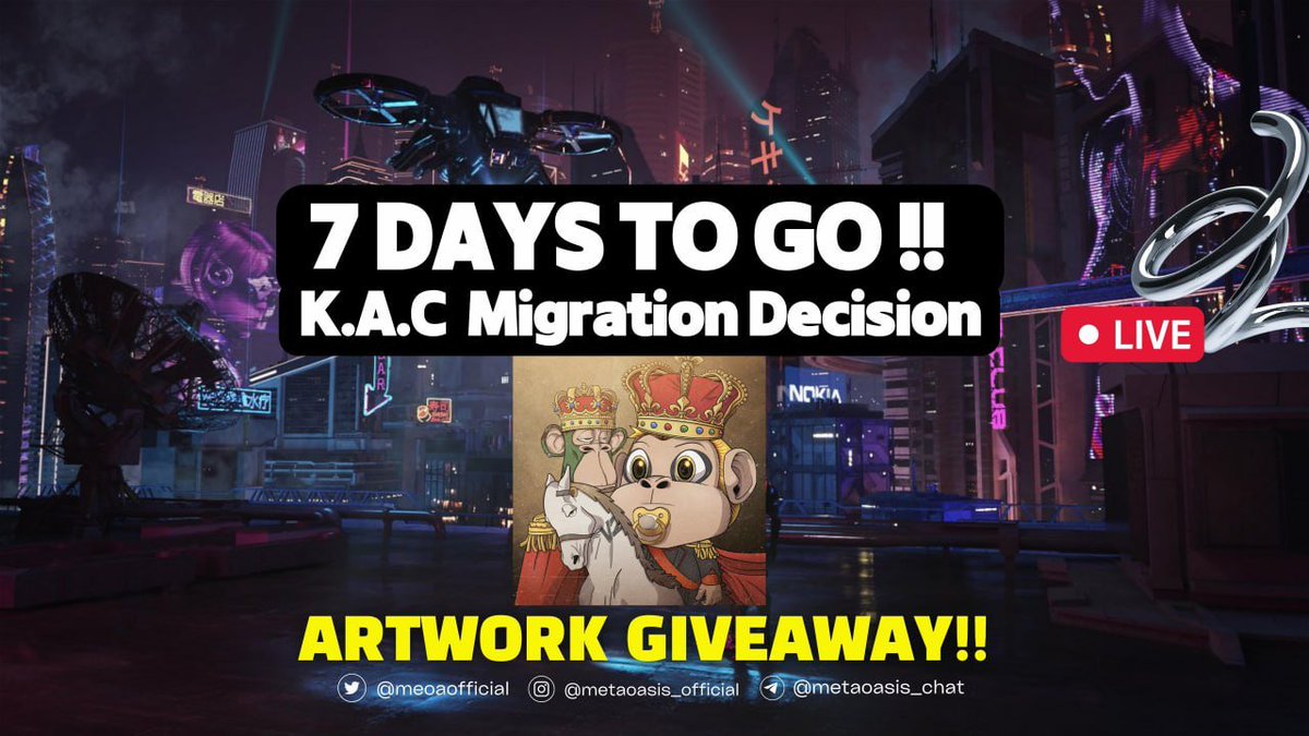✨[KAC X METAOASIS Artwork Giveaway]✨

[Prize]
Alphabot : 7 NFT
Discord : 5 NFT

1️⃣Follow 
@Meoaofficial 
@KlayApe 
<a href="/Dicaprio_Eth/">Dicaprio_ETH 🐅</a> 
 
2️⃣RT/Like/Tag 4

Alphbot :  tinyurl.com/2knb9r8w
Discord : discord.gg/meoa

[Duration]
⏰: 2023/02/24 ~2023/03/03

#NFTGiveaways