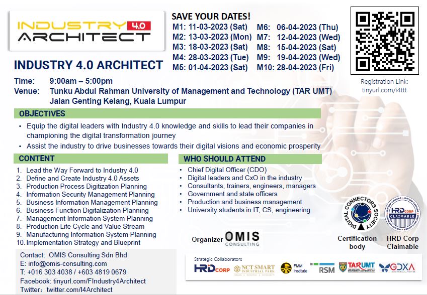 Join us for an exciting event on Industry 4.0! Learn about the latest trends and technologies shaping the future of manufacturing. Don't miss out on this opportunity to stay ahead of the game. 
#Industry40
#Industry4Architect
#IndustryRevolution
#Malaysia 
#TARUMT