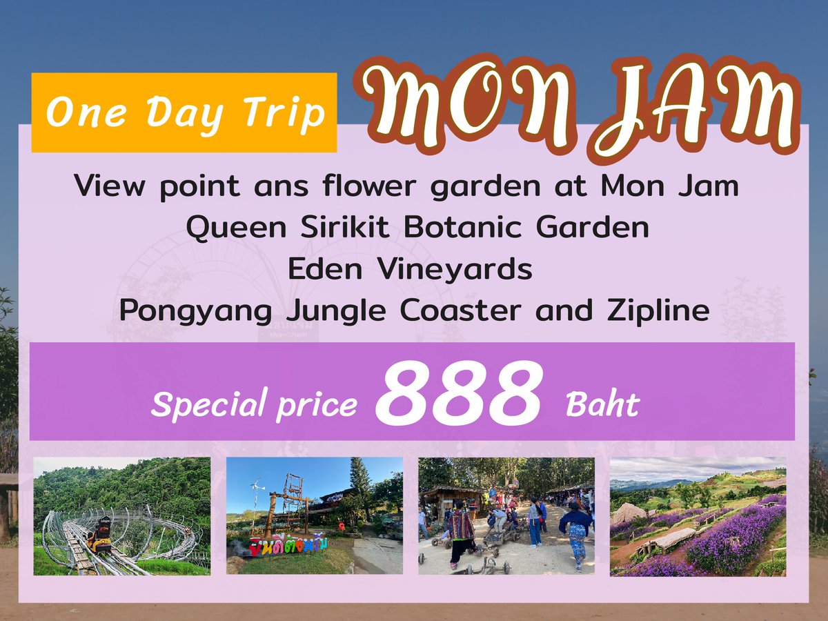 vanhotsprings's tweet photo. Open for reservation
 "Mon Jam One Day Trip" 🌸🌺

 Special 888 baht only 😍
 Including rollercoaster rides
 and entrance fee to orange garden

 #monjam #ม่อนแจ่ม #maekampong #แม่กำปอง #รีวิวเชียงใหม่ #reviewchiangmai #เชียงใหม่ #chiangmai
 - #매캄퐁
 - #몬잼 
 - #도인타논 https://t.co/WUEbHHb3XX
