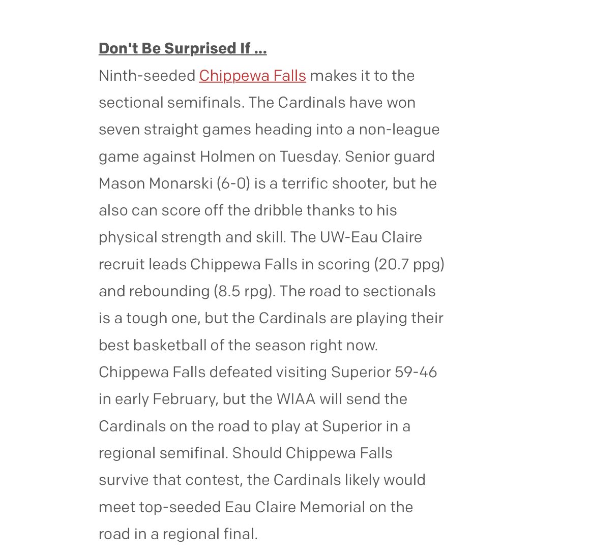 Nice little section write up by @WisBBYearbook.  #tourneytime #mightycardinals
