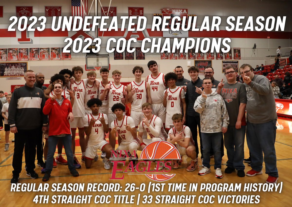 Nixa Athletics (@nixaathletics) on Twitter photo π <a href="/NixaBBasketball/">Nixa Boys Basketball</a> completes an undefeated regular season for the first time in program history after defeating Neosho tonight 71-35 to finish 26-0!
Eagles also are your π 2023 COC Champions! π This marks 33 straight COC wins too.
<a href="/OzarksOzone/">Ozarks Sports Zone</a> <a href="/PrepHoopsMO/">Prep Hoops Missouri</a> <a href="/scoreboardguy/">SCOREBOARD GUY</a> π <a href="/NixaBBasketball/">Nixa Boys Basketball</a> completes an undefeated regular season for the first time in program history after defeating Neosho tonight 71-35 to finish 26-0!
Eagles also are your π 2023 COC Champions! π This marks 33 straight COC wins too.
<a href="/OzarksOzone/">Ozarks Sports Zone</a> <a href="/PrepHoopsMO/">Prep Hoops Missouri</a> <a href="/scoreboardguy/">SCOREBOARD GUY</a>