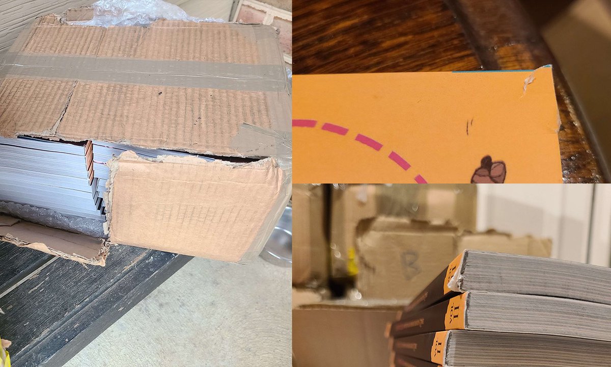 OFMDzine's tweet photo. ‼️ IMPORTANT PRODUCTION UPDATE 

We recently received the books from our manufacturer, but due to significant damage done to the boxes they arrived in, many of the books were also damaged (tears, cracked spines, etc.) 

We are working on sorting this out ASAP. https://t.co/ODRyJUjBFC