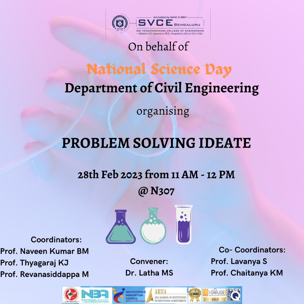 SvceBengaluru's tweet photo. On behalf of #nationalscienceday #departmentofcivilengineering is organising “Problem Solving Ideate” on 28th February 11 am - 12 pm #svce #svcebengaluru #svcebangalore #bestengineeringinstitute #bengaluruengineeringcollege #problemsolvingideate https://t.co/kbNU9dZRsl