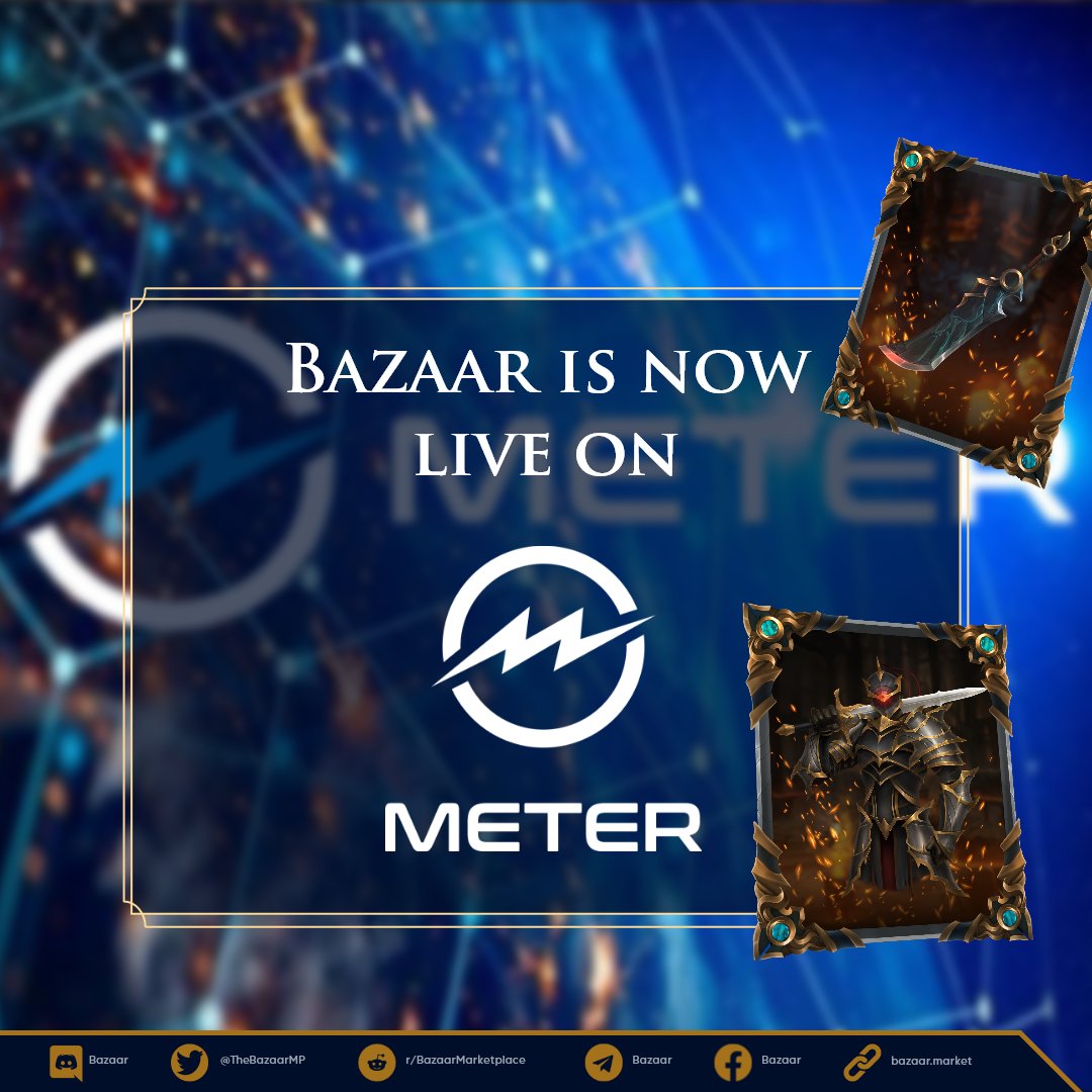 ⚔️Planning to play <a href="/CryptoBlades/">CryptoBlades</a> on Meter chain, but you don't have a team yet?

🛡️<a href="/TheBazaarMP/">Bazaar</a> is live on Meter, where you can buy and even sell #CryptoBlades NFTs!

▶️ Play #CryptoBlades now on Meter
👉 bit.ly/3sQL3UN 

#P2E #NFTGame