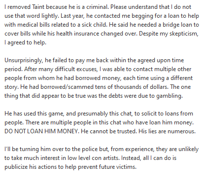 drewsamuto's tweet image. Hey MCOC folks - there is a person in Line chats who goes by the name of &quot;Taint (16.4)&quot; who is scamming folks out of money. 

A person whose word I trust sent the following to a chat I&apos;m in and I asked if I could share it here.