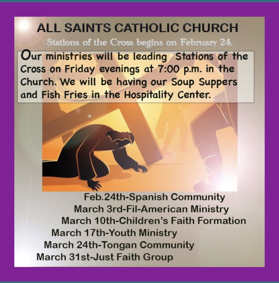 AllSaintsCCH's tweet photo. #StationsOfTheCross #Lent2023 #fishfryfriday #soupsuppers #fishandchips https://t.co/BTjuuR1n8s
