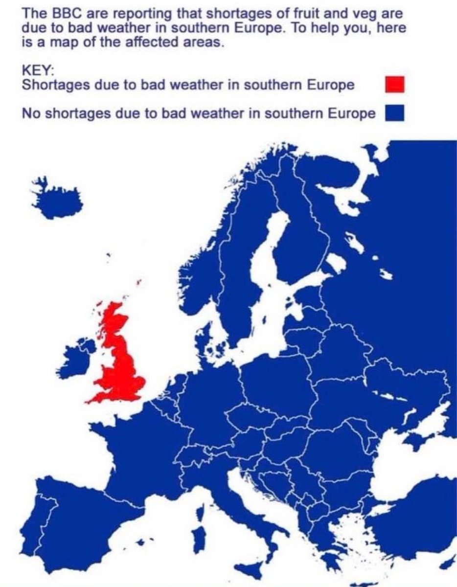 In the UK there is now rationing of fruit and vegetables. This last happened in World War II.

The BBC reported Brexit supporters claiming it has nothing to do with leaving the EU, but is entirely due to bad weather in Southern Europe :-)