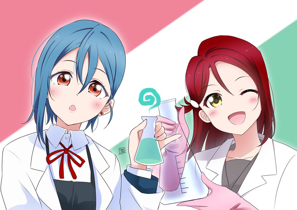 sakurauchi riko multiple girls 2girls labcoat red hair blue hair one eye closed yellow eyes  illustration images