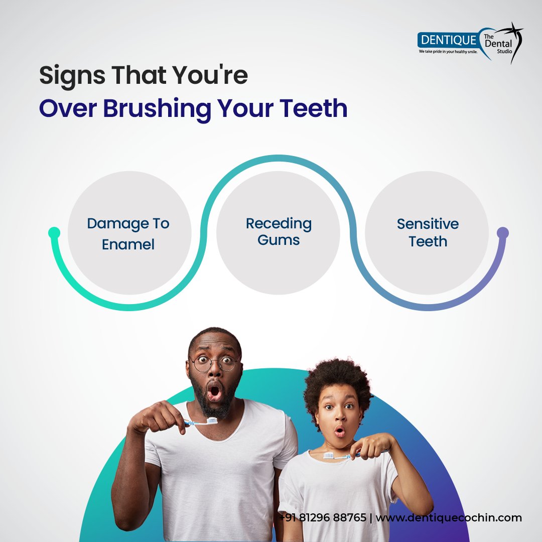 DentiqueCochin's tweet image. Brushing regularly is essential for maintaining oral health. However, excessive brushing can lead to toothbrush abrasion and result in 
1. Damage to the enamel
2. Receding gums
3. Sensitive teeth.

Book an appointment with us!
Call Now: ☎ 8129688765

____
#overbrushing #dentique