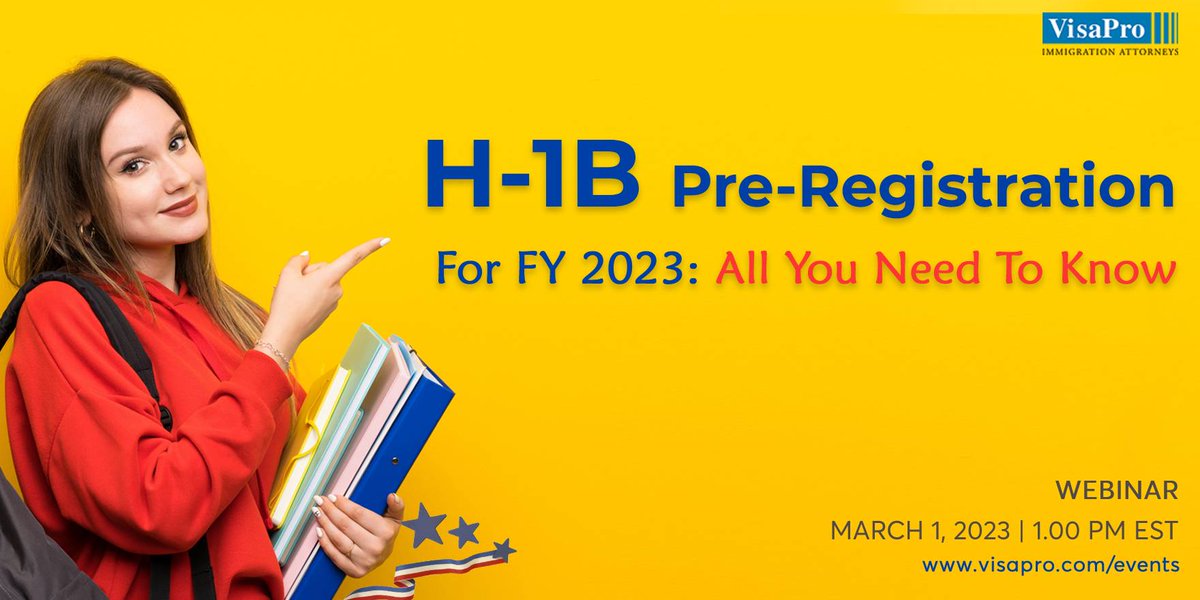VisaProLaw's tweet photo. Are you eligible to pre-register for #H1B in 2023? What steps should employers and employees take?
Join a webinar with #ImmigrationAttorney and find out! https://t.co/kXn4kxi1I5
#f1visa #h1bvisa #f1opt #capgap #h1blottery https://t.co/MFdBurSm1a