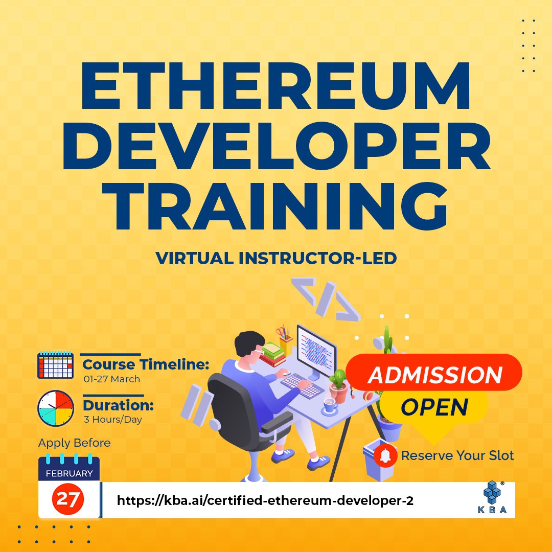 kbaiiitmk's tweet photo. Few days left for registration.
Certified #Ethereum Developer Training starts on 1st of March.
Last date to register, 27th of February.
Boarding Pass: https://t.co/ldIonkeE4p
#ethereumblockchain #dapps #blockchain #onlinecourse #instructorledtraining #certification #upskilling https://t.co/m2FV19xHw9
