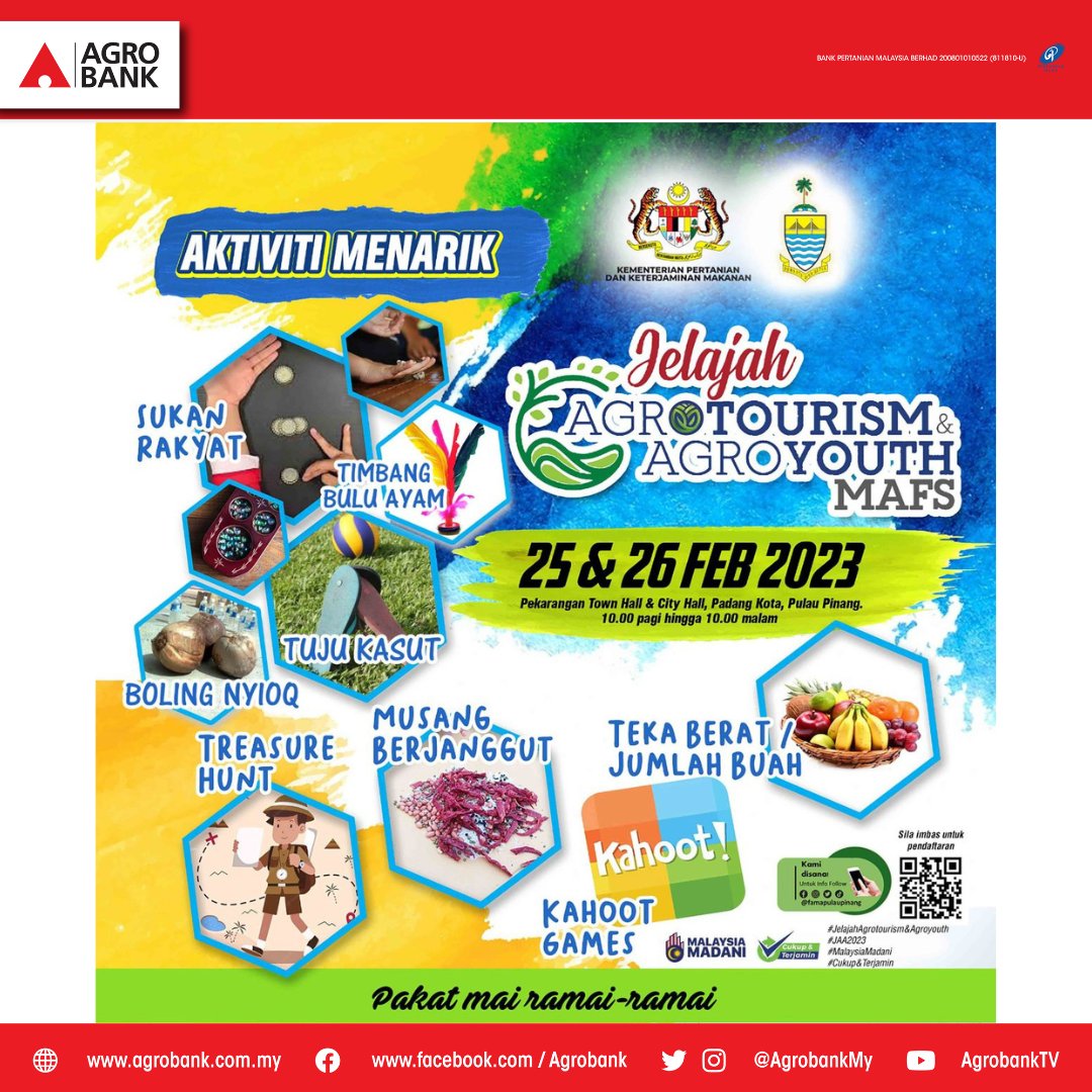 AgrobankMY's tweet photo. 𝐉𝐞𝐥𝐚𝐣𝐚𝐡 𝐀𝐠𝐫𝐨𝐭𝐨𝐮𝐫𝐢𝐬𝐦 &amp; 𝐀𝐠𝐫𝐨𝐲𝐨𝐮𝐭𝐡 𝐌𝐀𝐅𝐒 𝐚𝐤𝐚𝐧 𝐤𝐞 𝐏𝐮𝐥𝐚𝐮 𝐏𝐢𝐧𝐚𝐧𝐠!
Pakat mai ramai-ramai! Terutamanya warga Utara! ke Jelajah Agrotourism dan Agroyouth MAFS pada hujung minggu ini! 
#agrobank #sentiasadisisianda
#MAFSMalaysia
#TeamMAFS https://t.co/whrdJnXC5w