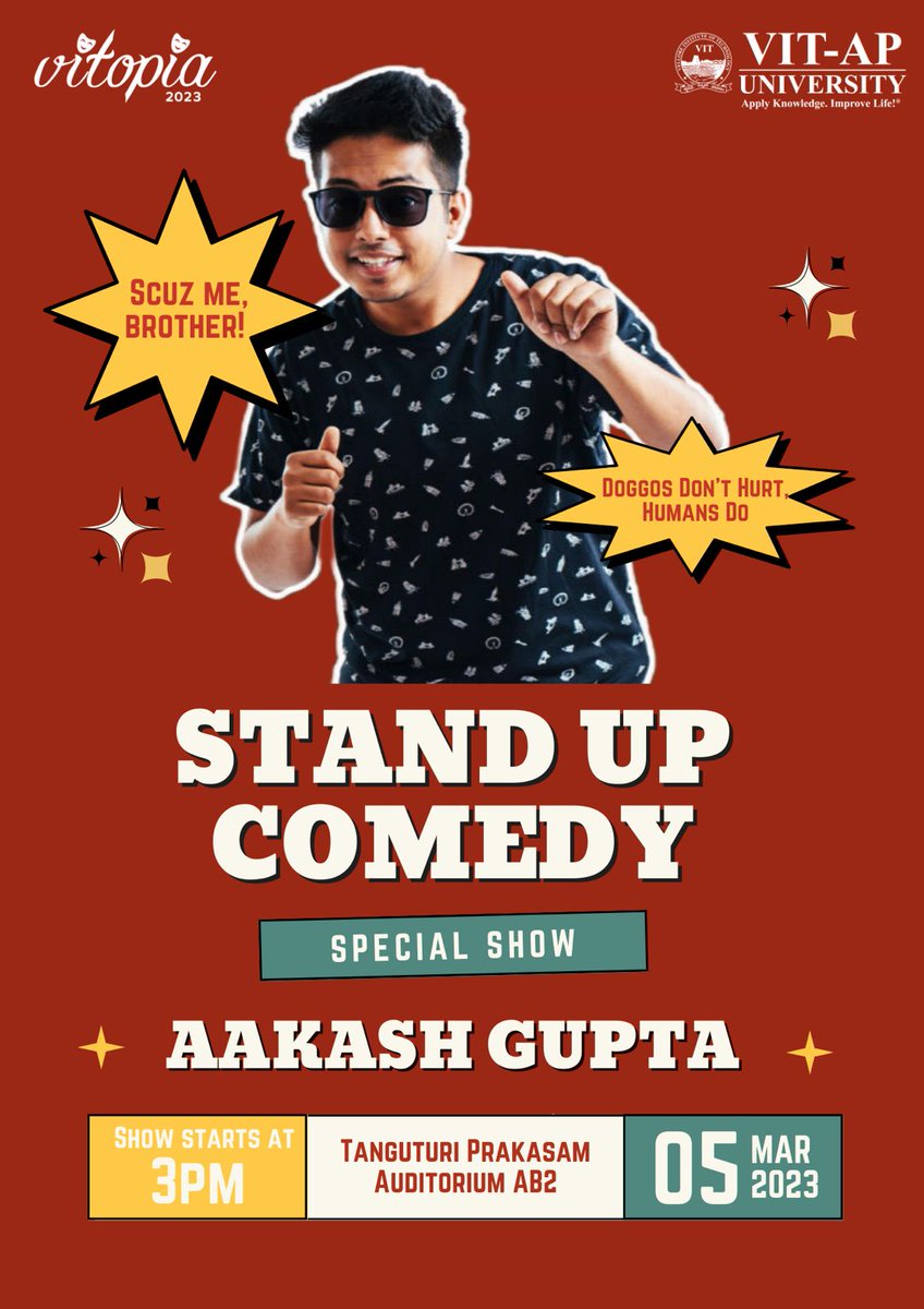 VITAPuniversity's tweet photo. Step into the special show hosted by @theskygupta to step out of your stressful life with lots of fun and laughter! 

Grab your seats and join us on 5th March, 2023 from 3 PM. 

#standupcomedy #smiles #vitopia'23 #sports #cultural #fiesta #vitap https://t.co/tieiFJ63l7
