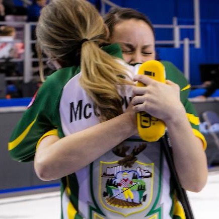 CurlingCanada's tweet photo. And finally... a memorable moment between Krista and Kendra after winning the semifinal at the 2016 Scotties Tournament of Hearts, recreated in 2023 💚💛

#STOH2016 #STOH2023 #TBT https://t.co/KViLMSG4Ku