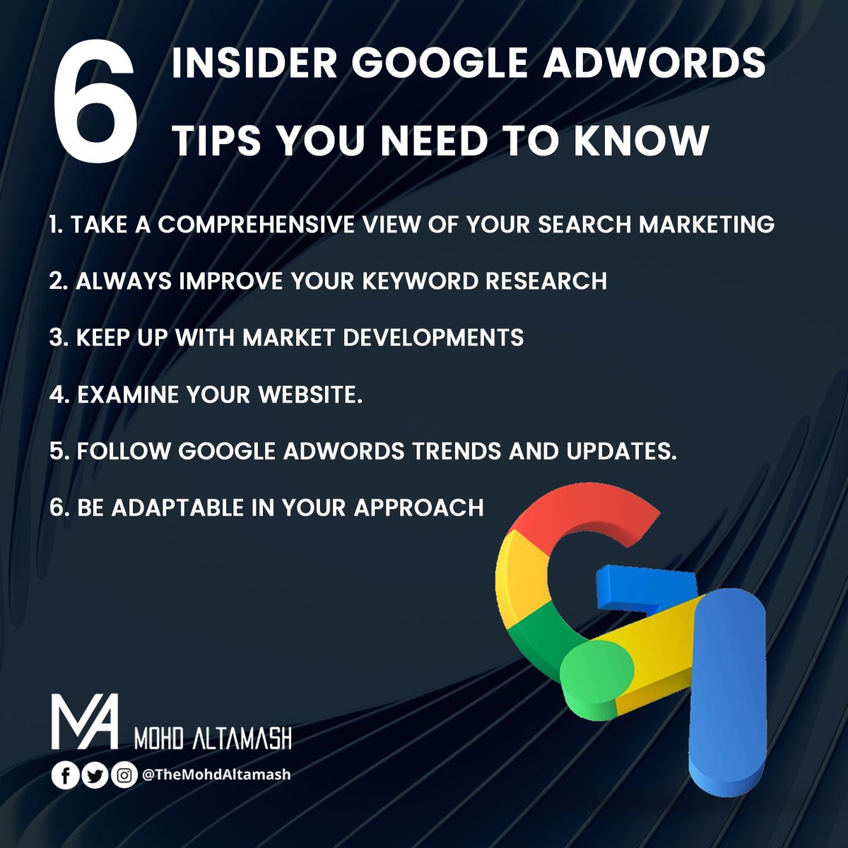 6 insider Google AdWords tips You need to know

#altamash #googleadwords #googleadstips #googleadscampaign #googleads #googleadsexpert #googleadsmarketing #paidcampaigns