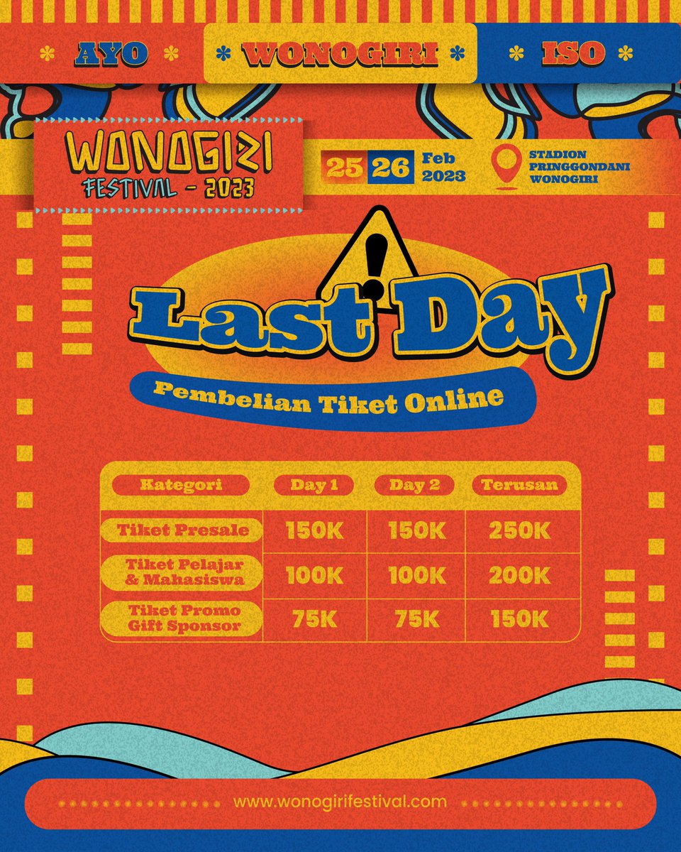 Halo Dulur!
Sudah hari terakhir penjualan tiket via online nih..
Masih ada yang belum amanin tiket?

Amanin tiket via online di:
Website: wonogirifestival.com
Hotline: wa.me/6285161834585

Jangan sampai ketinggalan biar bisa seru-seruan bareng di Wonogiri Festival 2023 ya!