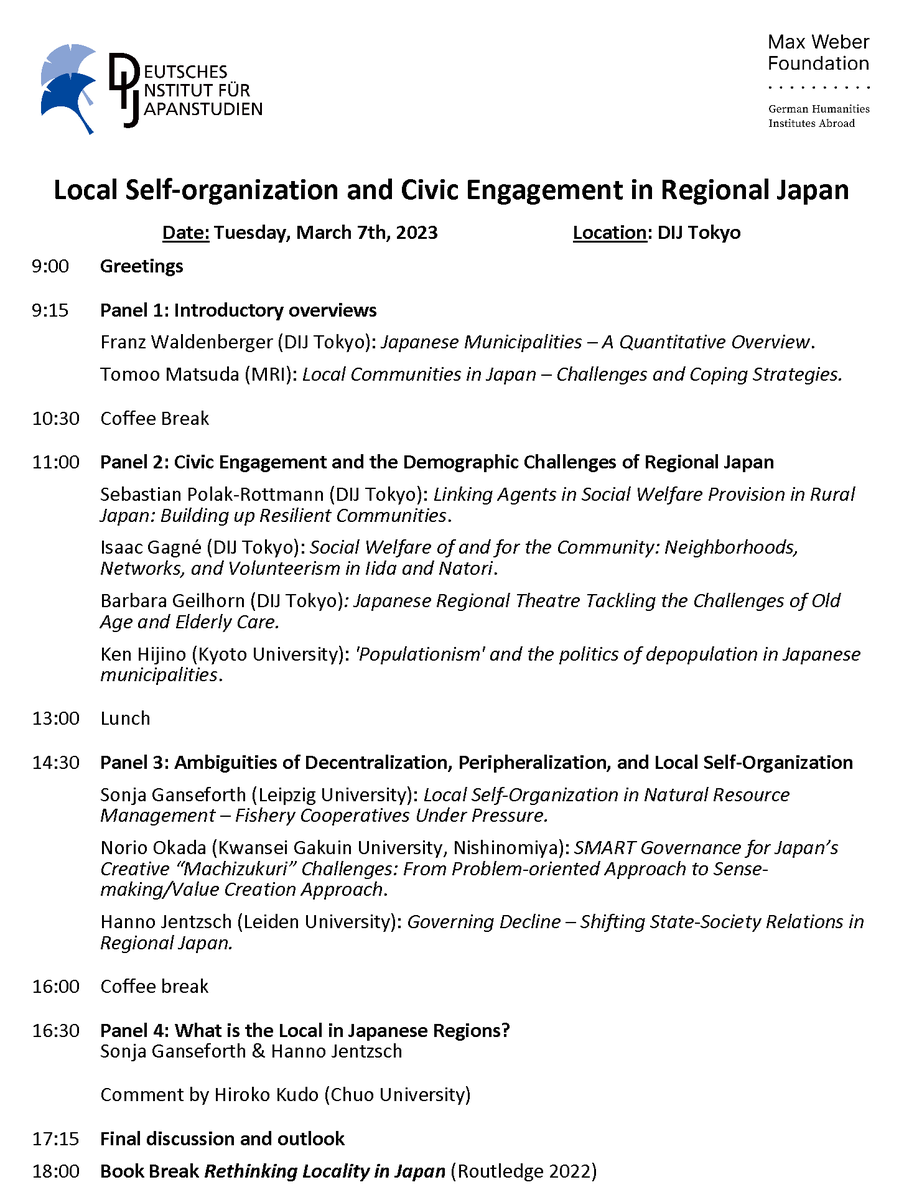 dij_tokyo's tweet photo. Please check our updated program: DIJ conference Local Self-organization &amp; Civic Engagement in Regional Japan, March 7 with 10 papers on demographic challenges, decentralization &amp; peripheralization @SGanseforth @b_geilhorn @kenhijino @jannohentzsch Details https://t.co/I3l9zWduHT https://t.co/mB1DL29wQf
