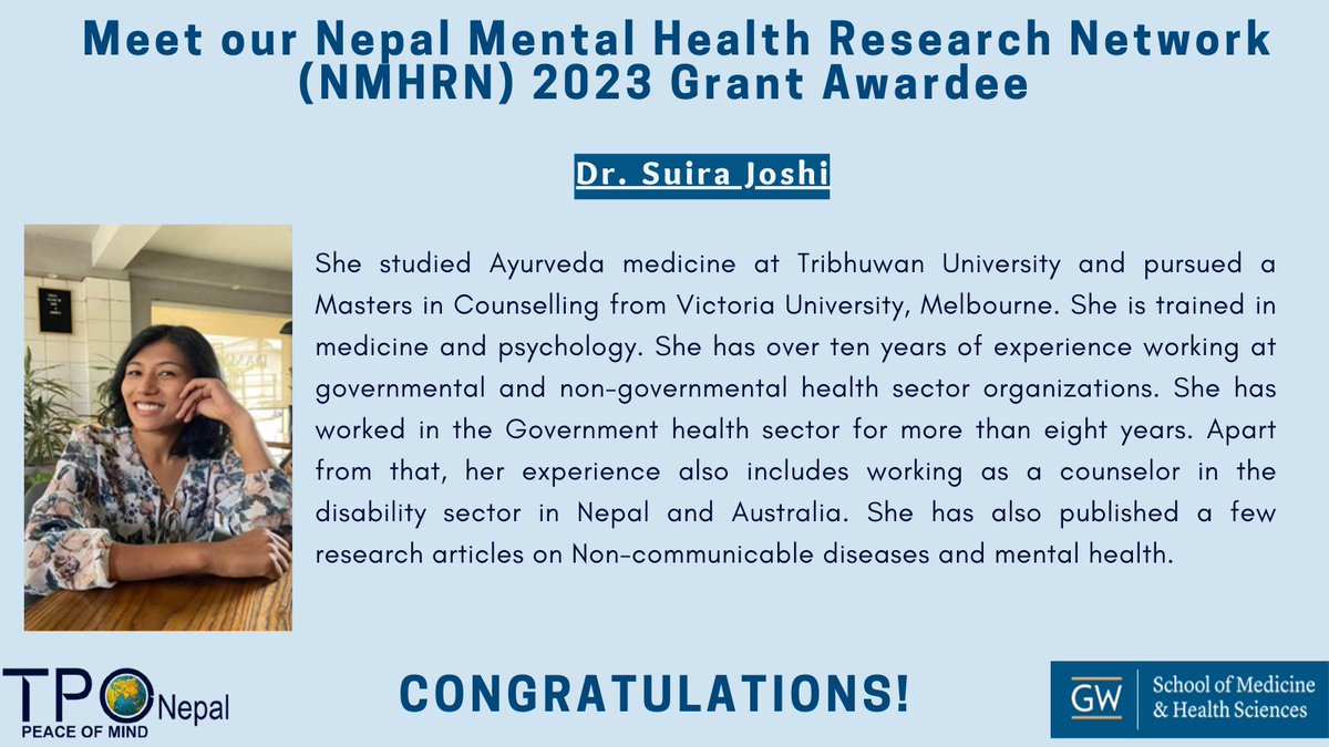 tpo_nepal's tweet photo. ANNOUNCEMENT: We are excited to announce the winners of the Nepal Mental Health Research Network(NMHRN) Mini-Grant 2023: Dr.Suira Joshi and Lisasha Poudel. 
@NMHRS21  @gmhequity 
Here's a little introduction to both of the winners: https://t.co/p7ZwQiXrfr