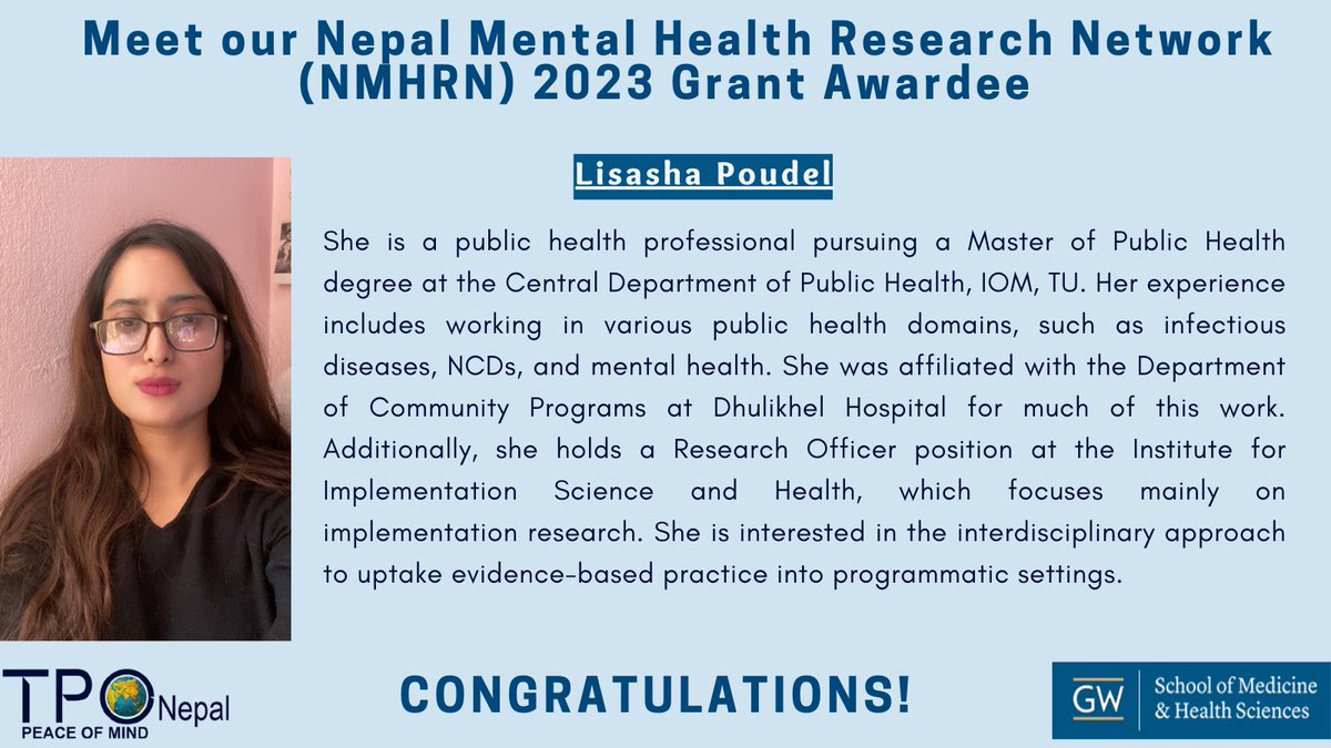 tpo_nepal's tweet photo. ANNOUNCEMENT: We are excited to announce the winners of the Nepal Mental Health Research Network(NMHRN) Mini-Grant 2023: Dr.Suira Joshi and Lisasha Poudel. 
@NMHRS21  @gmhequity 
Here's a little introduction to both of the winners: https://t.co/p7ZwQiXrfr