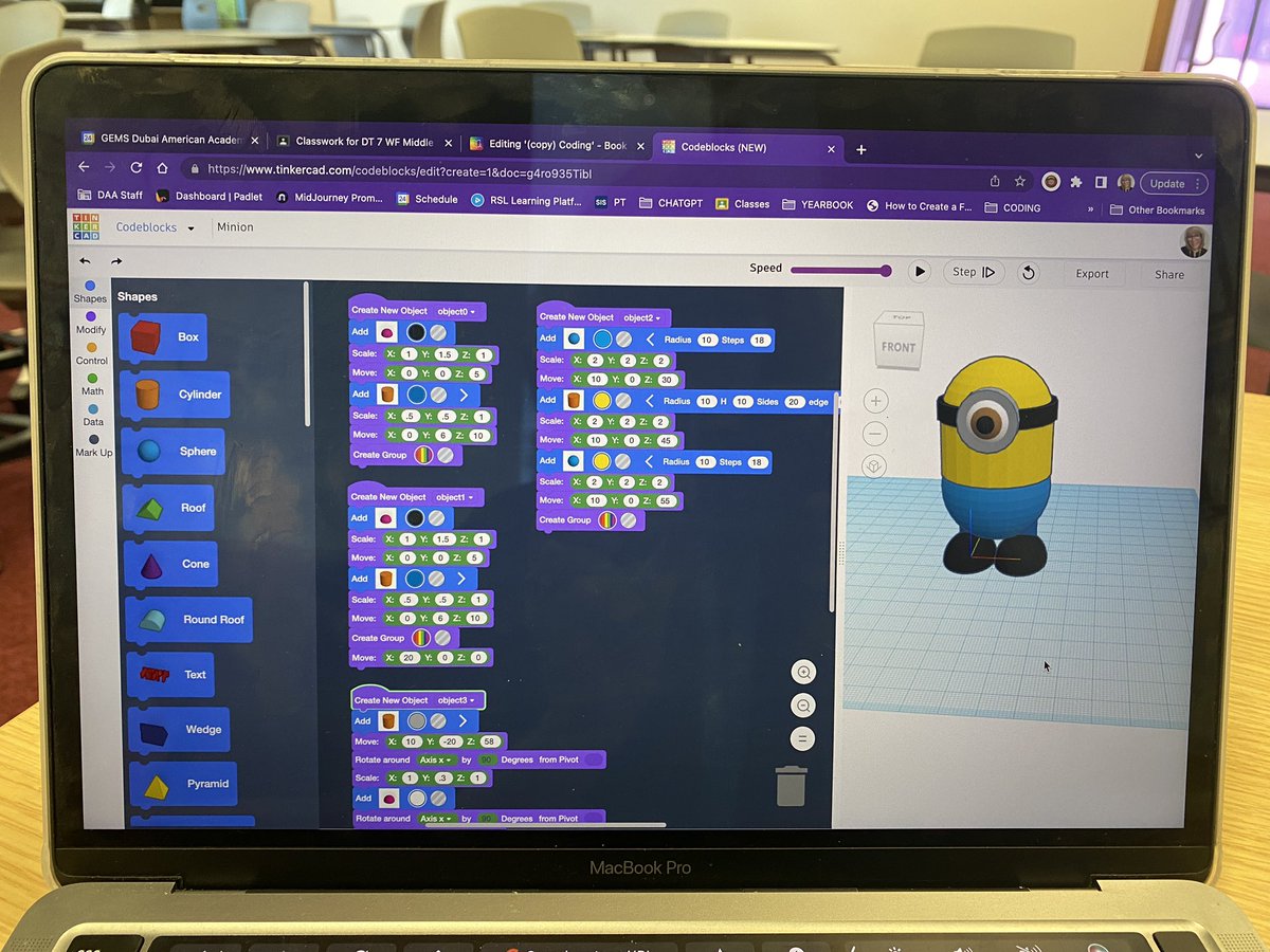 janeinjava's tweet image. Just taught a really fun coding lesson with G7. We coded minions using @tinkercad. It’s a fun way to apply x, y and z coordinates. Next lesson we will finish them off. #coding #literacy #maketolearn