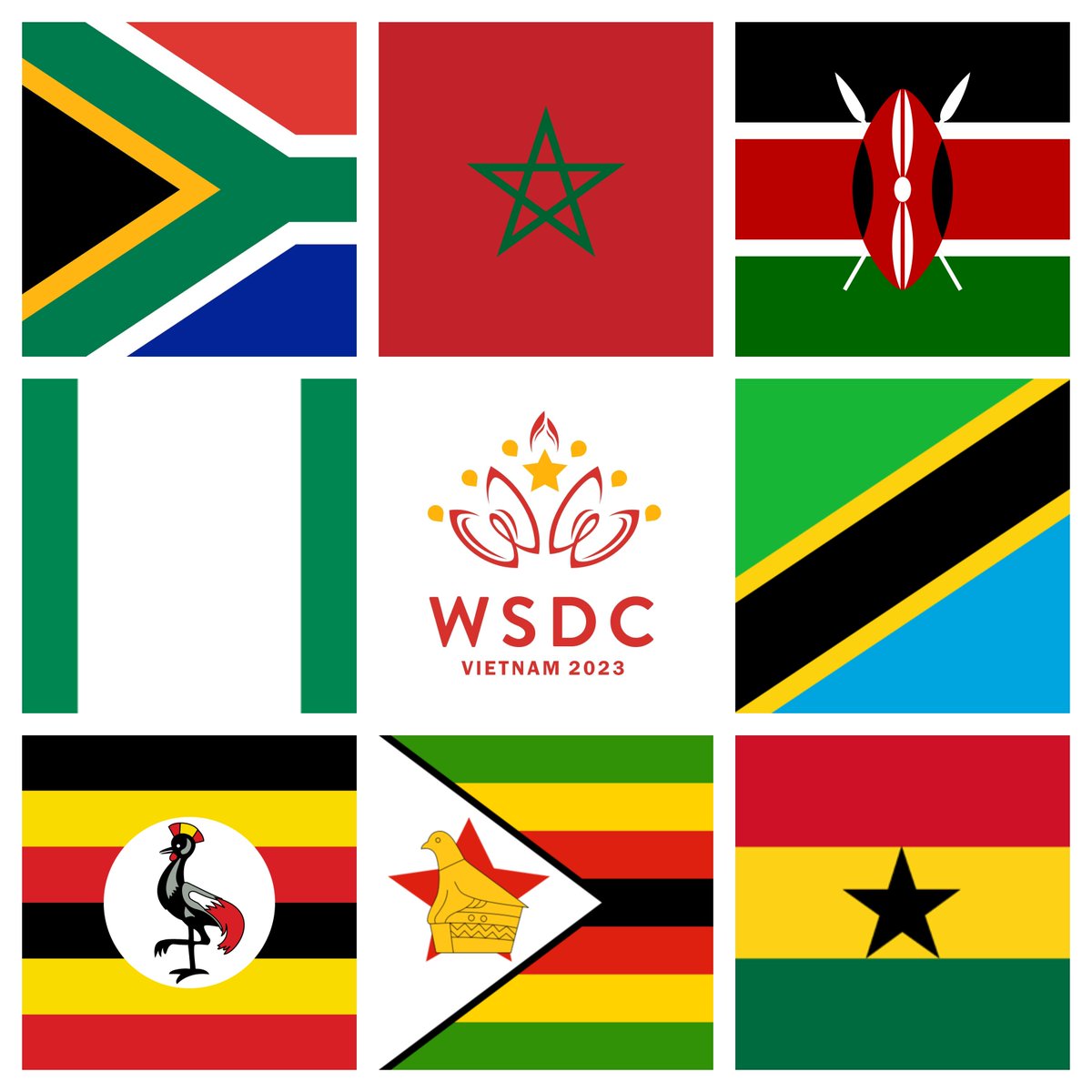AfricanSDF's tweet photo. The 8 African nations set to compete at the 2023 Worlds Debating Championship in Vietnam this summer!
This would make it the highest number of African nations ever competing in a WSDC! :)
#FeelingProud #AfricanDebating #WSDC2023 https://t.co/CRWPEssi2E
