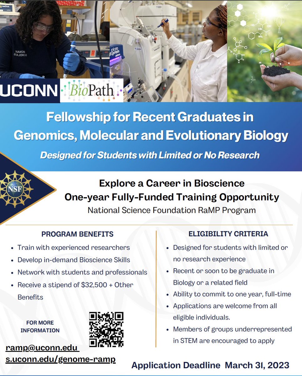 Genomes to genomic novelty to phenotype! Applications for the first class of @UConnCLAS @SCSU #NSF #RAMP program are open! Recent graduates (& soon to be post-baccs) can apply: etap.nsf.gov/search?program… #genomics #Bioinformatics #biodiversity @colreeze @roneilllab @KanadiaLab