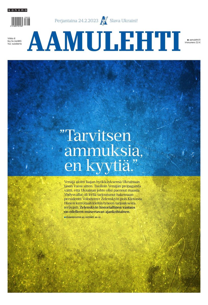 pirittapal's tweet photo. Aamulehden etusivu 24.2.2023. #SlavaUkraini 🇺🇦 https://t.co/hagB6OqTDj