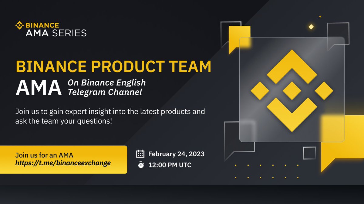 binance's tweet photo. Join us in the #Binance English Telegram channel for an exclusive AMA with Abhishek Bansal from the #Binance Product Team.

🗓️ Feb 24, 2023. 
⏰ 12:00pm UTC.

Hear about all the latest product updates, and get your chance to ask any burning questions!

➡️ https://t.co/6A44tBLSZI https://t.co/ZTcSCrrDb5