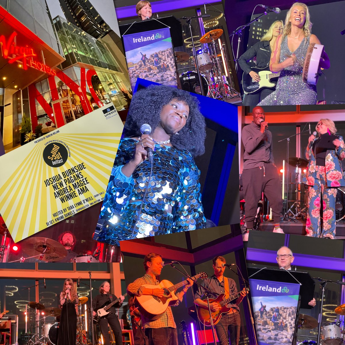 Andrea_Haughian's tweet photo. What a night in NYC! #SoundOut Belfast, presented by @TourismIreland. Celebrating #Belfast's UNESCO City of Music accreditation. "An uprising of sound and hope" and the incredible talent of @winnie_ama_ @NewPagansBand @JoshuaBurnside @MageeAndrea @KwaMeDaniels2 @TaraLynneONeil1 https://t.co/9xI9Z7Z9Gp