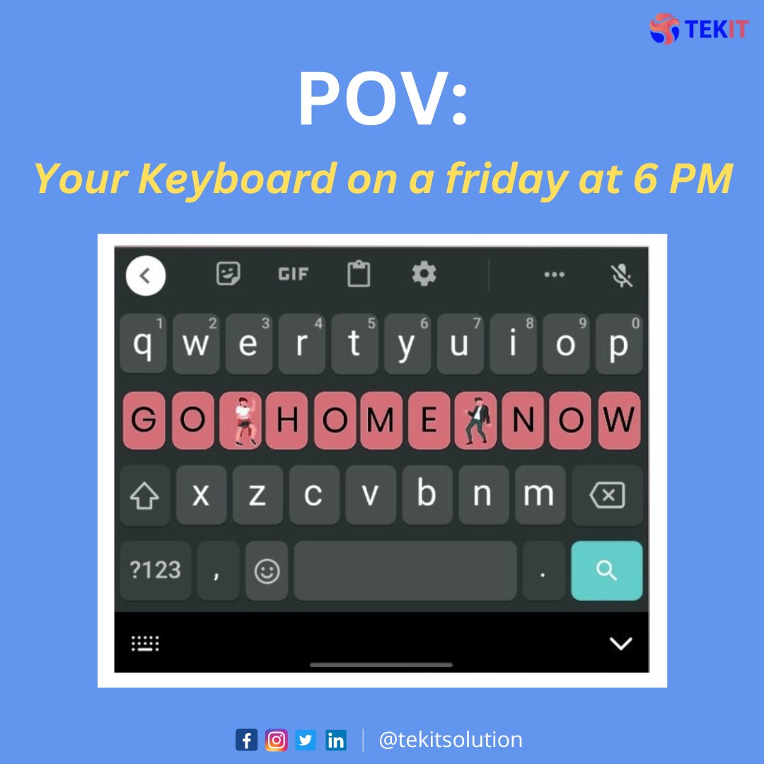 tekitsoftwares's tweet photo. Your Keyboard on a Friday at 6 PM ?
#tekit #tekitsolution #itstaff #usbased #linkedin #linkedinmeme #work #tekitsolutions #opportunities #onsite #remotejob #weekendTime #keyboard #fridaytime #weekendmasti #trending #like #INDWvsAUSW #twitter #myth #INDWvsAUSW @TekitSolution https://t.co/PxluNhfR47