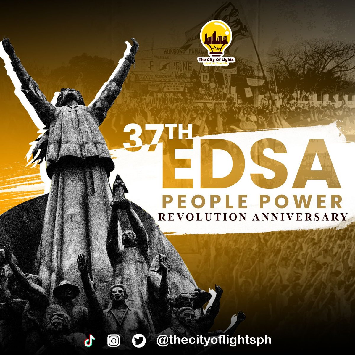 tcls_ph's tweet photo. Our warmest greetings to all, as we commemorate the 37th Anniversary of the People Power Revolution.

May this be a reminder that anything is possible for the Filipino people when we unite as one.

#TheCityofLightsPH #EDSAPeoplePower https://t.co/wfsCYrzI9d