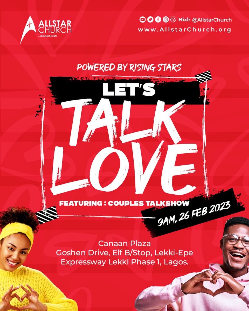 TheRisingStarNG's tweet photo. God is love❤❤❤ trust you don't wanna miss this moment in the presence of God as we talk about LOVE ❤❤❤join us on sight @AllstarChurch lekki phase 1 canaan plaza at maruwa bustop
Or online across social media handle @AllstarChurch 
#Risingstars  #Allstarchurch https://t.co/foEHk7DE6Q