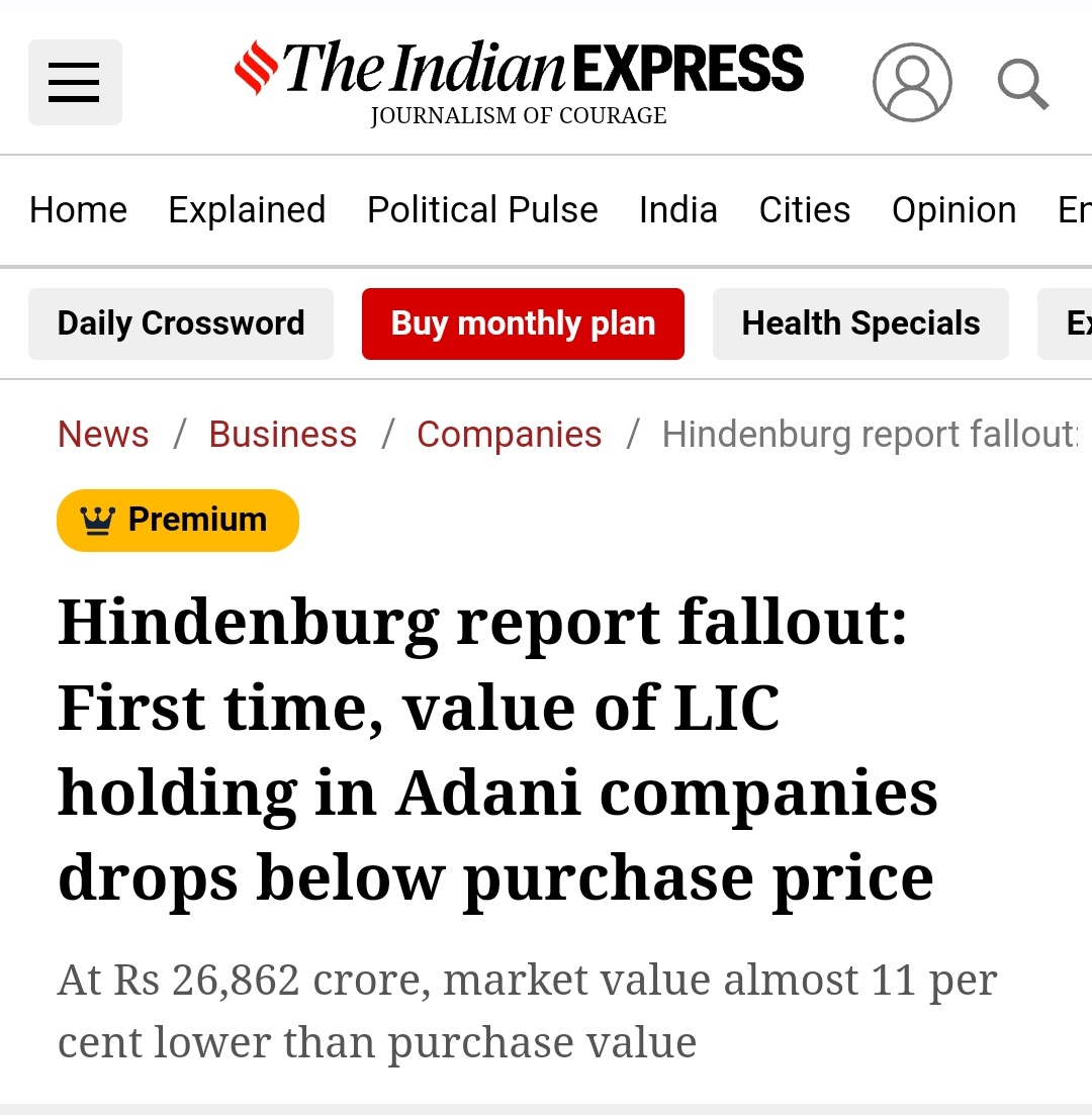 arti_ghargi's tweet photo. This is important! Value of @LICIndiaForever stakes in #Adani Group companies are in negative for the first time, acc. to @IndianExpress report.
Which means the value of LIC holding now is lesser than the value it was purchased at.
Alarming.
#AdaniSharesFall #HindenburgReport https://t.co/1uH684APIy