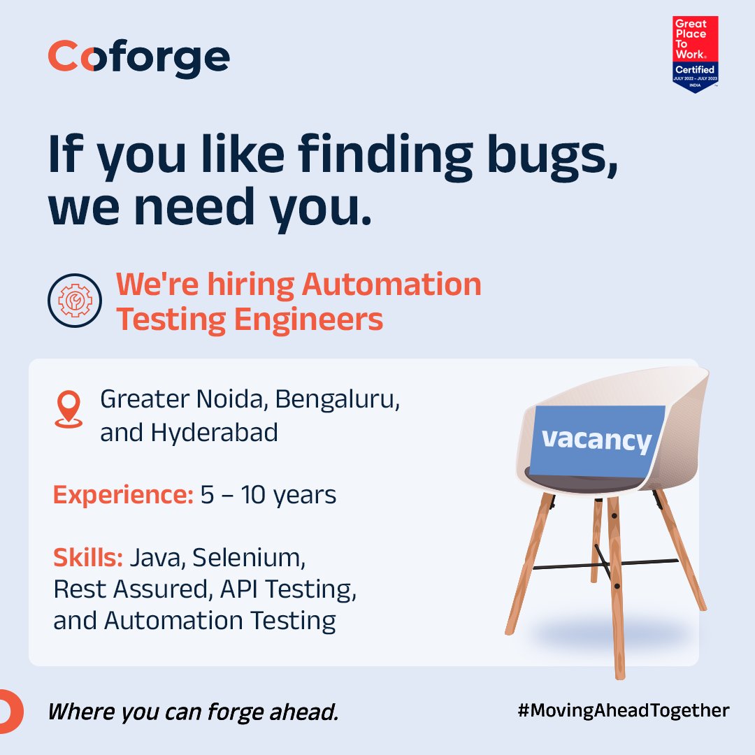 Coforge_Tech's tweet photo. If you are a perfectionist with tremendous testing skills, then hop on board. Apply now to join our team! https://t.co/p7nI4mw4EP

#coforge #EngageWithTheEmerging #MovingAheadTogether #JobOpportunities #ITJobs #Testing #Java #API #ITHiring https://t.co/qLpxZ3rSPM