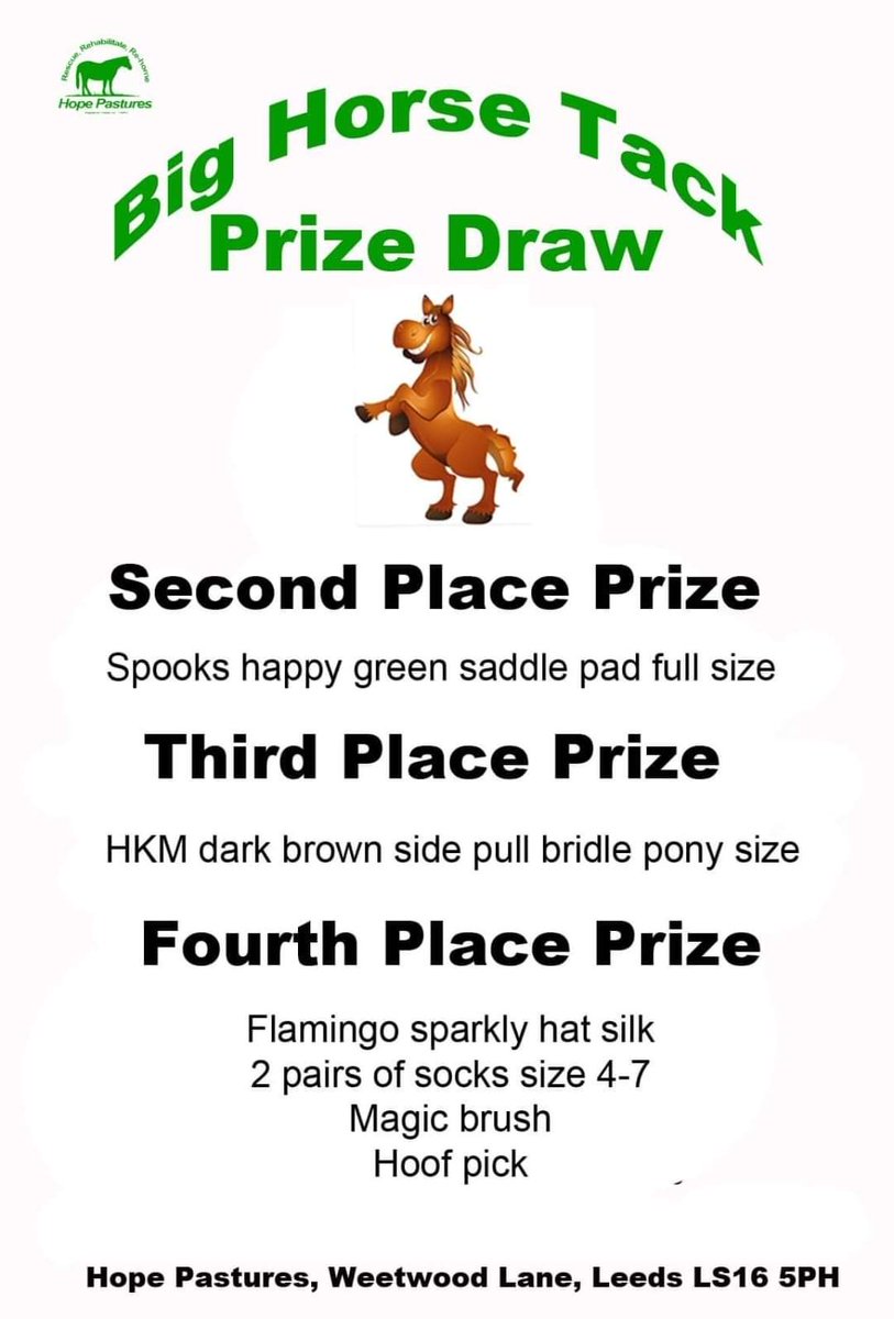 ⭐️ Big Horse Tack Prize Draw Fundraiser ⭐️
Win over £300 worth of prizes. 
Prizes down to 4th Place. 
Message us to purchase a place. #rescuehorses #hopepastures #horsesanctuary #leeds #leedsequestrian