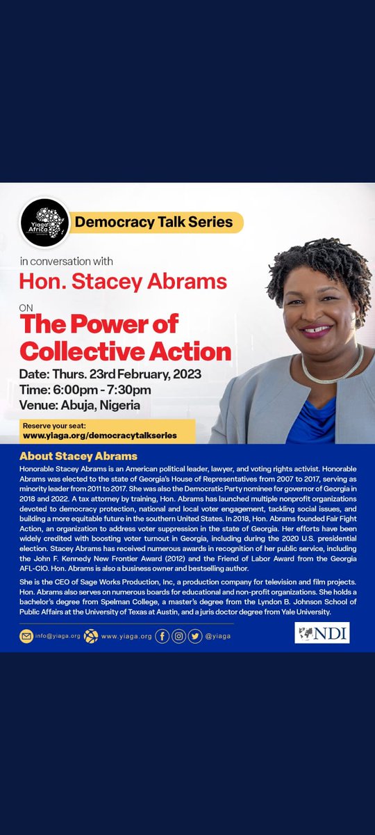 Vivalex8's tweet photo. Check out our own #StaceyAbrams rocking it in the motherland. She'll definitely raise enthusiasm &amp; excitement amongst women, the youths &amp; first time voters these few days before the election. Can't wait till Saturday! 
#NaijaNoFitCarryLast!
#GoStacey!❤️🌹🥰😍🤗
#GoVoteNigerians! https://t.co/AoGALGD2sj