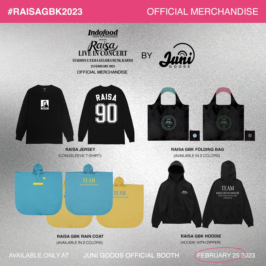 juni_goods's tweet photo. Juni Goods merchandise catalogue for #RaisaGBK2023! All these items are ready for purchase exclusively on concert day, February 25 at Stadion Utama Gelora Bung Karno 💥 https://t.co/sIHaaFtBSg