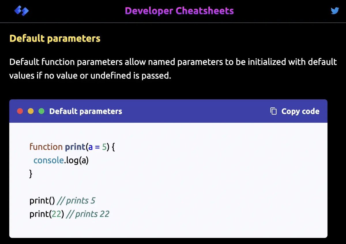 DevCheatsheets's tweet image. Default parameter in functions - daily dose of JS.

Web Dev cheatsheets @ developercheatsheets.com

#webdevelopment #developer #cheatsheets #javascript