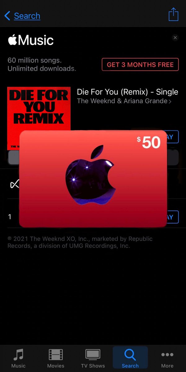 thesweetenerera's tweet photo. WTF I just bought Die for You (Remix) on iTunes and got a $50 gift card?? I usually don’t fall for these but this actually worked omg 😭🖤 This song sounds amazing!! #DieForYouRemix #DFYREMIX https://t.co/V3leJx8IHH