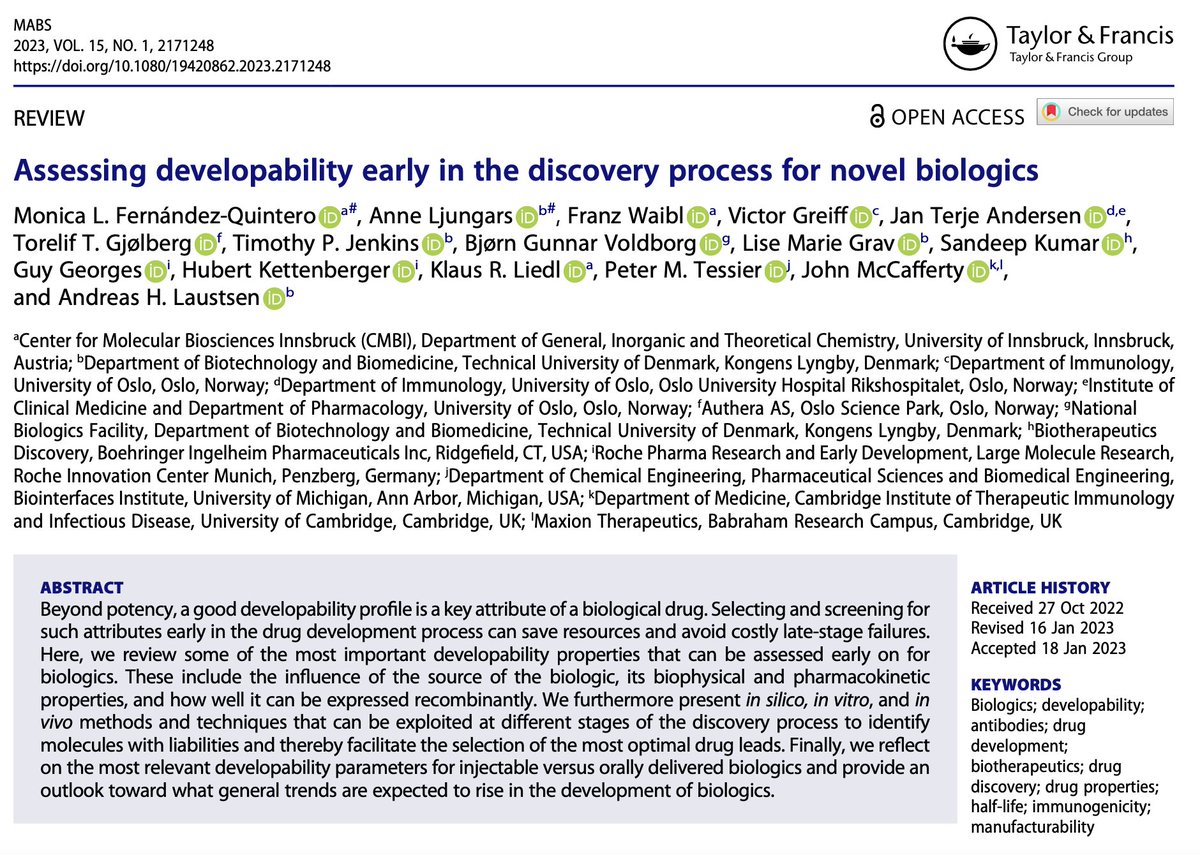 AndreasLaustsen's tweet photo. Excited to announce the publication of this new, comprehensive review on #Developability of #Biologics in #mAbs from @TheAbSociety: https://t.co/utovnvy5iB
This excellent cross-border collaboration involved 4 different universities, 4 different companies and 16 expert authors. https://t.co/FfeOvptPZV