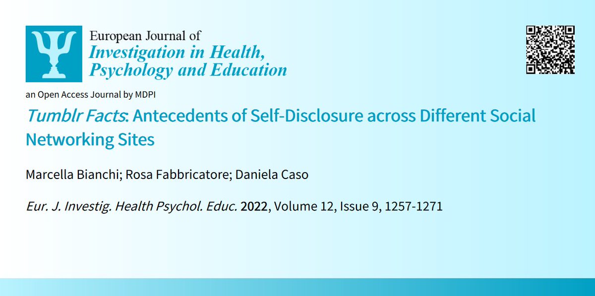 EJIHPE_MDPI's tweet photo. 🤩Welcome to read👉#TumblrFacts: #Antecedents of #SelfDisclosure across Different #SocialNetworkingSites📜by👩💻Marcella Bianchi et al.:📍https://t.co/cGXYnaDrH8 #socialanxiety #negativeemotionality #selfesteem #preferenceforonlinesocialinteractions #socialcompensation #enhancement https://t.co/FgSt67iWfS