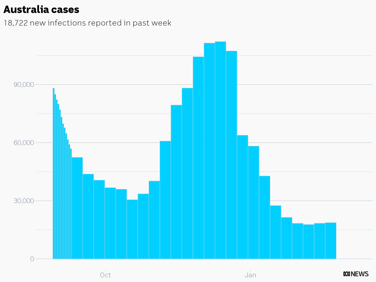 CaseyBriggs's tweet photo. There were 18,722 new COVID cases reported in Australia in the week ending Feb 24
ACT: 525
NSW: 6,545
NT: 106
QLD: 3,950
SA: 1,777
TAS: 489
VIC: 3,052
WA: 2,278
#c19chart https://t.co/efGzbWlA2m