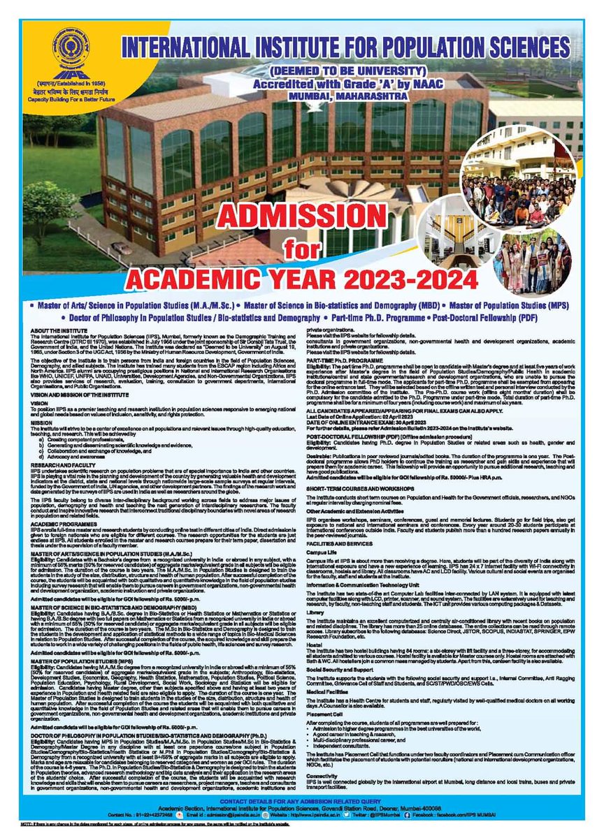 IIPSMumbai's tweet photo. Contact details for any admission related query:
Academic Section, International Institute for Population Sciences, Govandi Station Road, Deonar, Mumbai-400088.
Contact No : 91+22+42372468
Email id : admission@iipsindia.ac.in
Website : https://t.co/XCh4rHrdUp https://t.co/3iWZ69hgQb