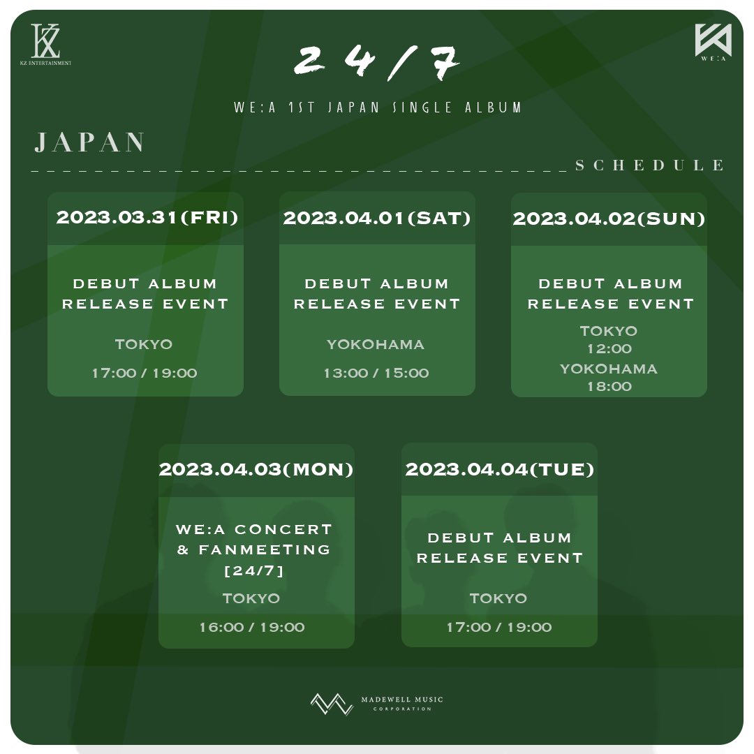 OFFICIAL_WE_A's tweet photo. 💡WE:A [24/7] JAPAN SCHEDULE💡

🗓️3/31(金)
▫️RELEASE EVENT
東京17:00/19:00
🗓️4/1(土)
▫️RELEASE EVENT
横浜13:00/15:00
🗓️4/2(日)
▫️RELEASE EVENT
東京12:00 /横浜18:00
🗓️4/3(月)
▫️[24/7] 2023 WE:A JAPAN CONCERT &amp; FANMEETING
1部 16:00    2部19:00
🗓️4/4(火)
▫️RELEASE EVENT
東京 19:00 https://t.co/ZkunJju02U