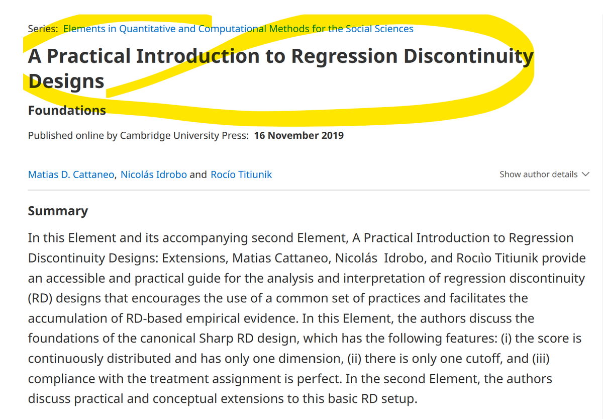 Hi #EconTwitter! 

Want to dive into 𝐫𝐞𝐠𝐫𝐞𝐬𝐬𝐢𝐨𝐧 𝐝𝐢𝐬𝐜𝐨𝐧𝐭𝐢𝐧𝐮𝐢𝐭𝐲 𝐝𝐞𝐬𝐢𝐠𝐧 for causal inference? 

then, you cannot miss these two volumes by the RDD superstars Matias Cattaneo, Rocio Titiunik (@princeton) and Nicolas Idrobo (<a href="/Penn/">Penn</a>).

A must-have!